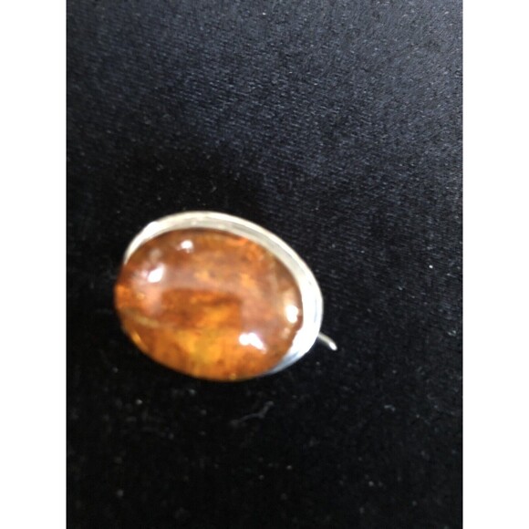 Artisan Jewelry - Vintage Sterling Silver Baltic Honey Amber Large Oval Brooch/ Pin